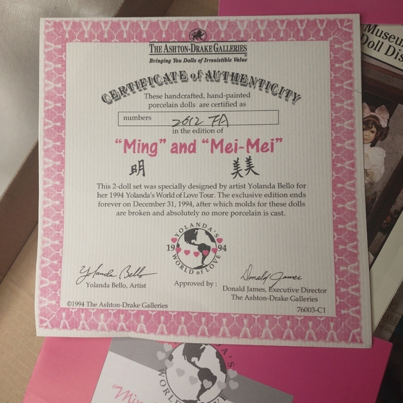 Vintage Rare Ashton Drake Pair of Chinese Dolls Ming & Mei Mei Porcelain Dolls - Picture 8 of 9
